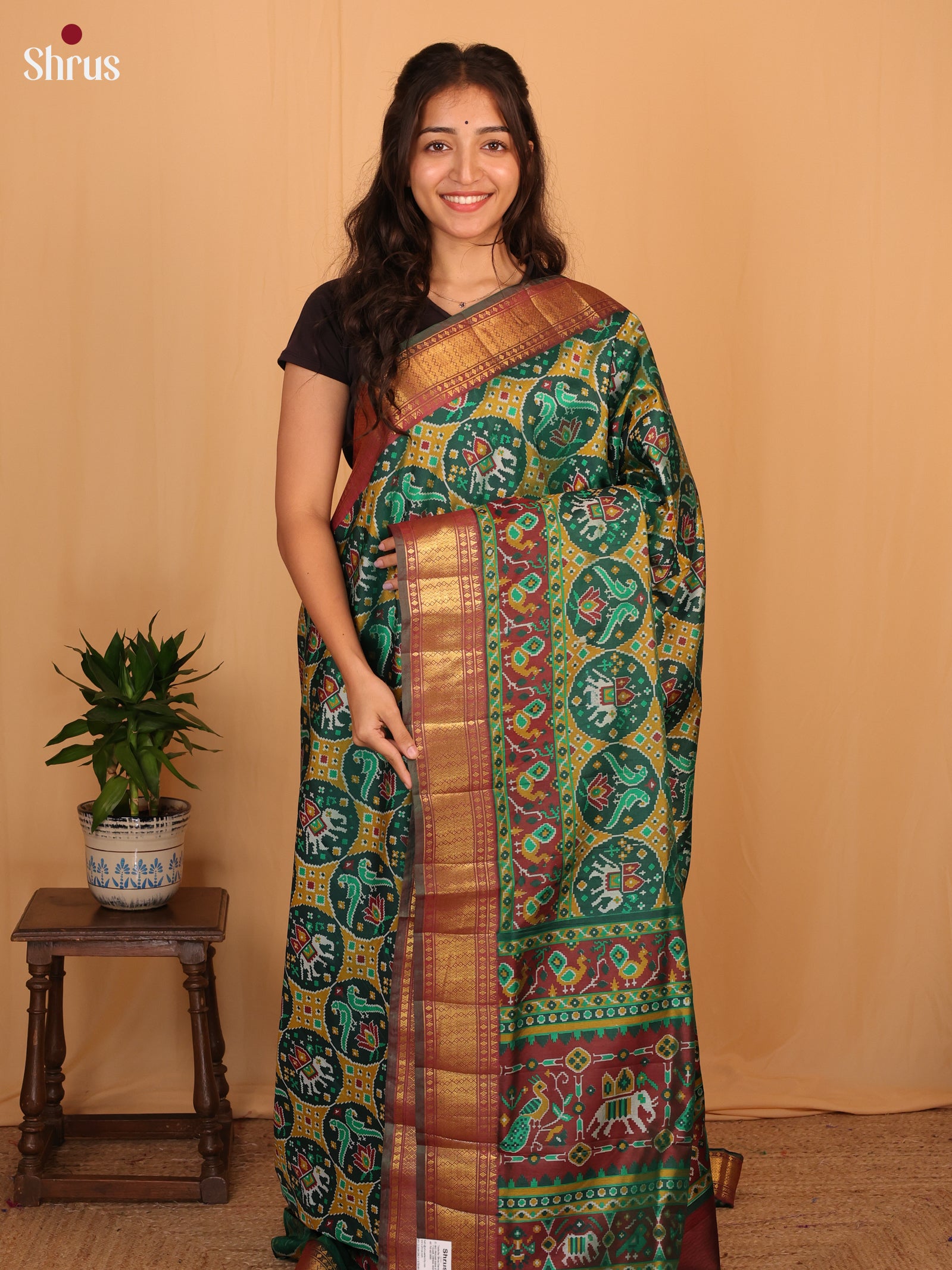 Green & Brown - Semi Patola Saree - Shop on Shrus.com