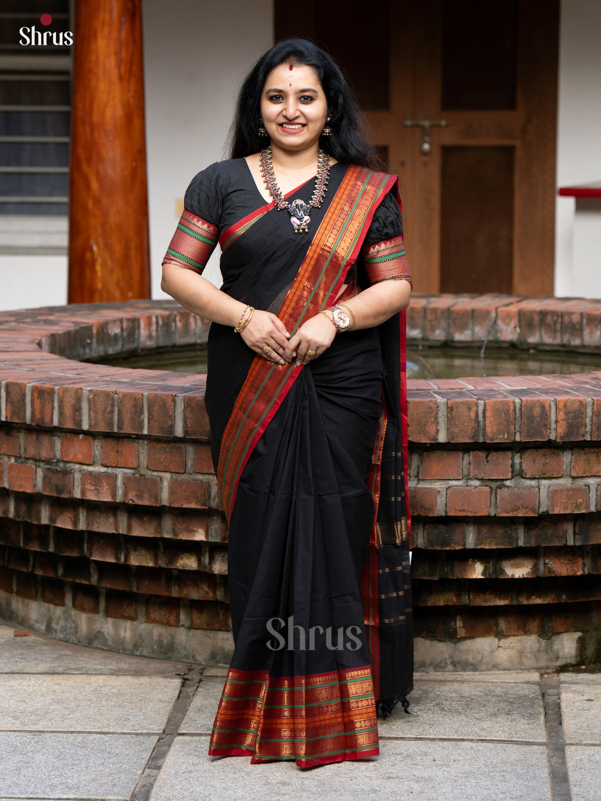 Mystique Black & Red Chettinad Cotton Saree With Red Zari Woven Border & Pallu - Shop on Shrus.com