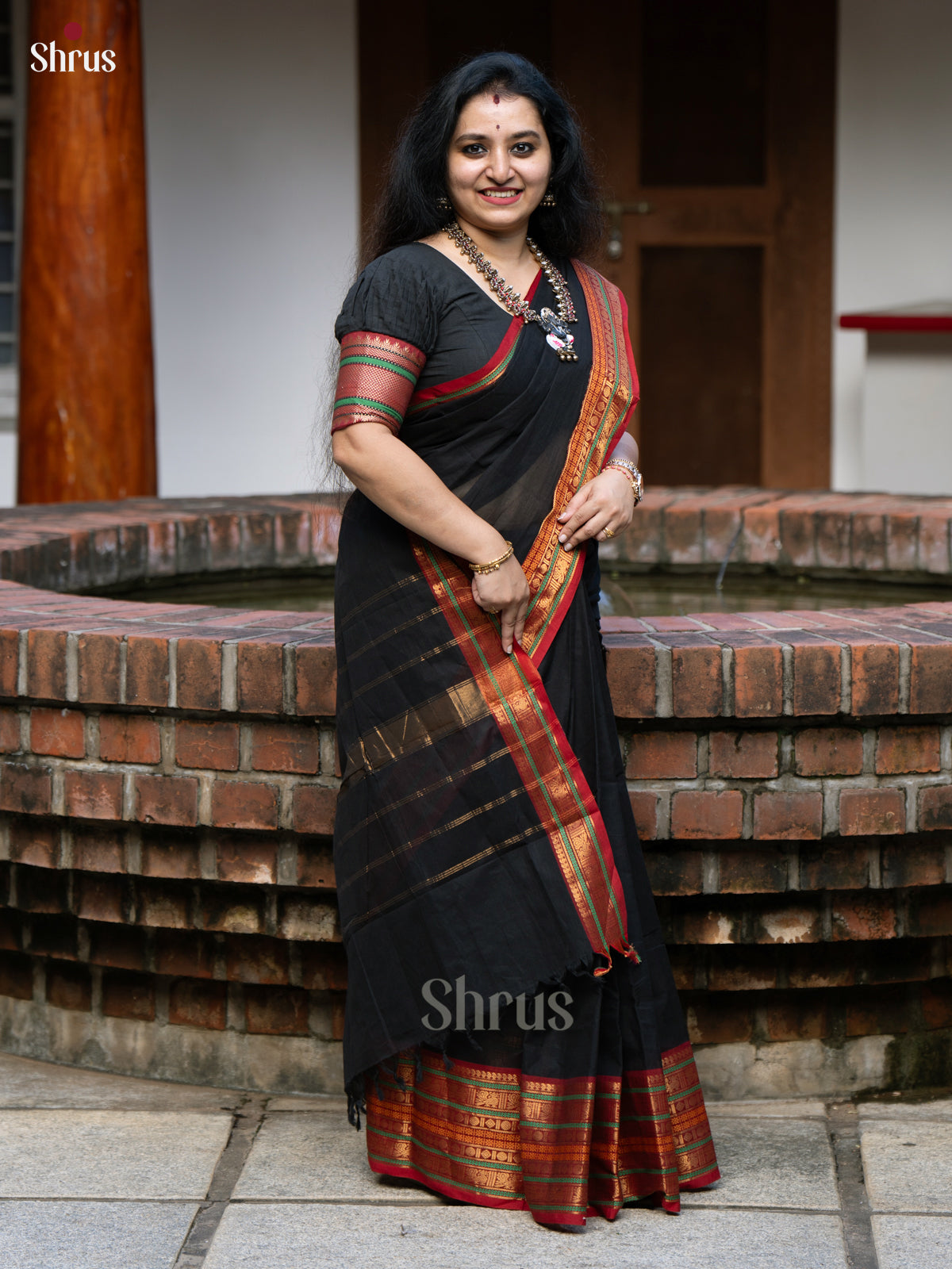 Mystique Black & Red Chettinad Cotton Saree With Red Zari Woven Border & Pallu - Shop on Shrus.com