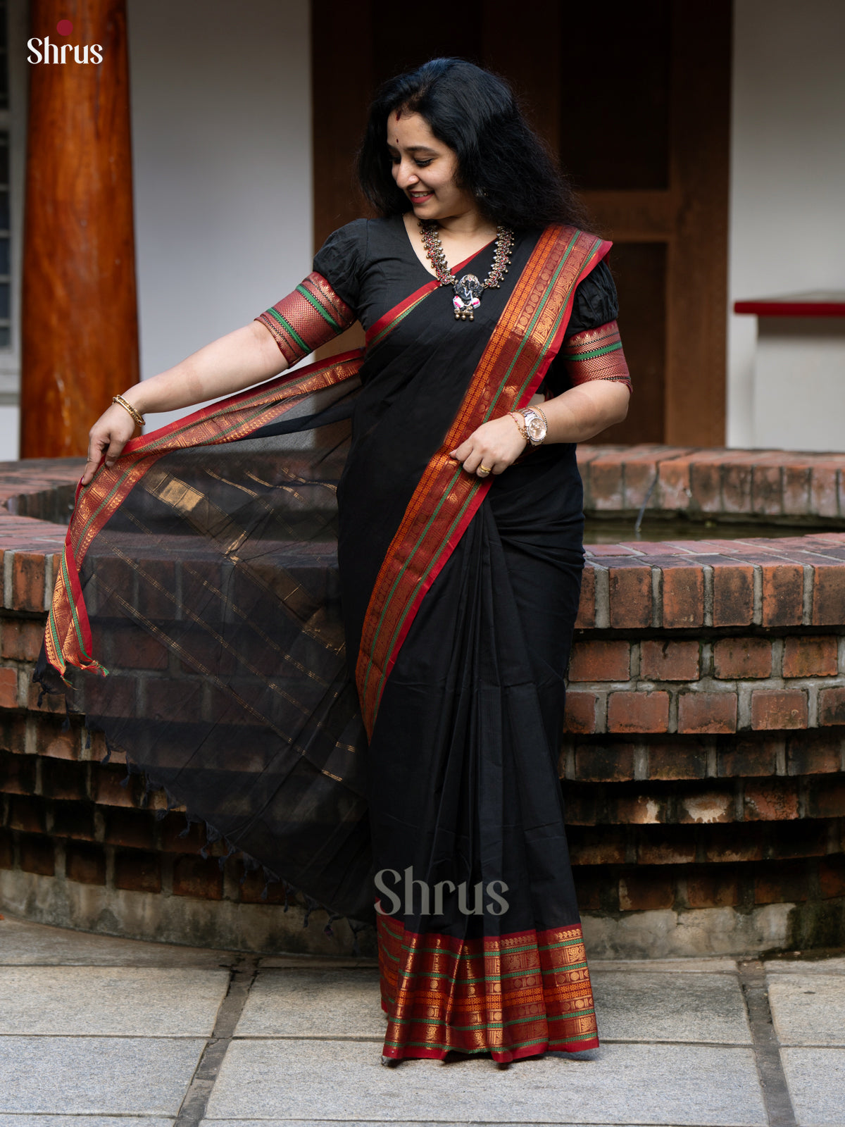 Mystique Black & Red Chettinad Cotton Saree With Red Zari Woven Border & Pallu - Shop on Shrus.com