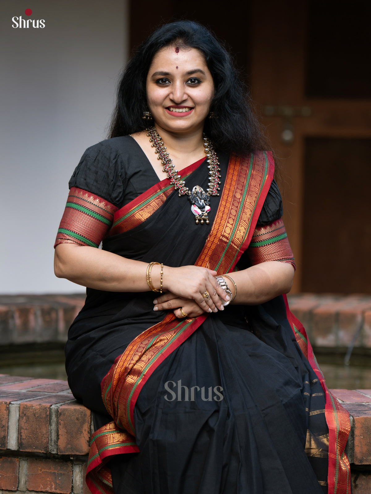 Mystique Black & Red Chettinad Cotton Saree With Red Zari Woven Border & Pallu - Shop on Shrus.com