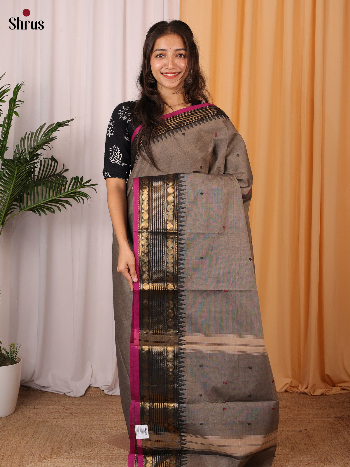 Grey & Black - Chettinad Cotton Saree - Shop on Shrus.com