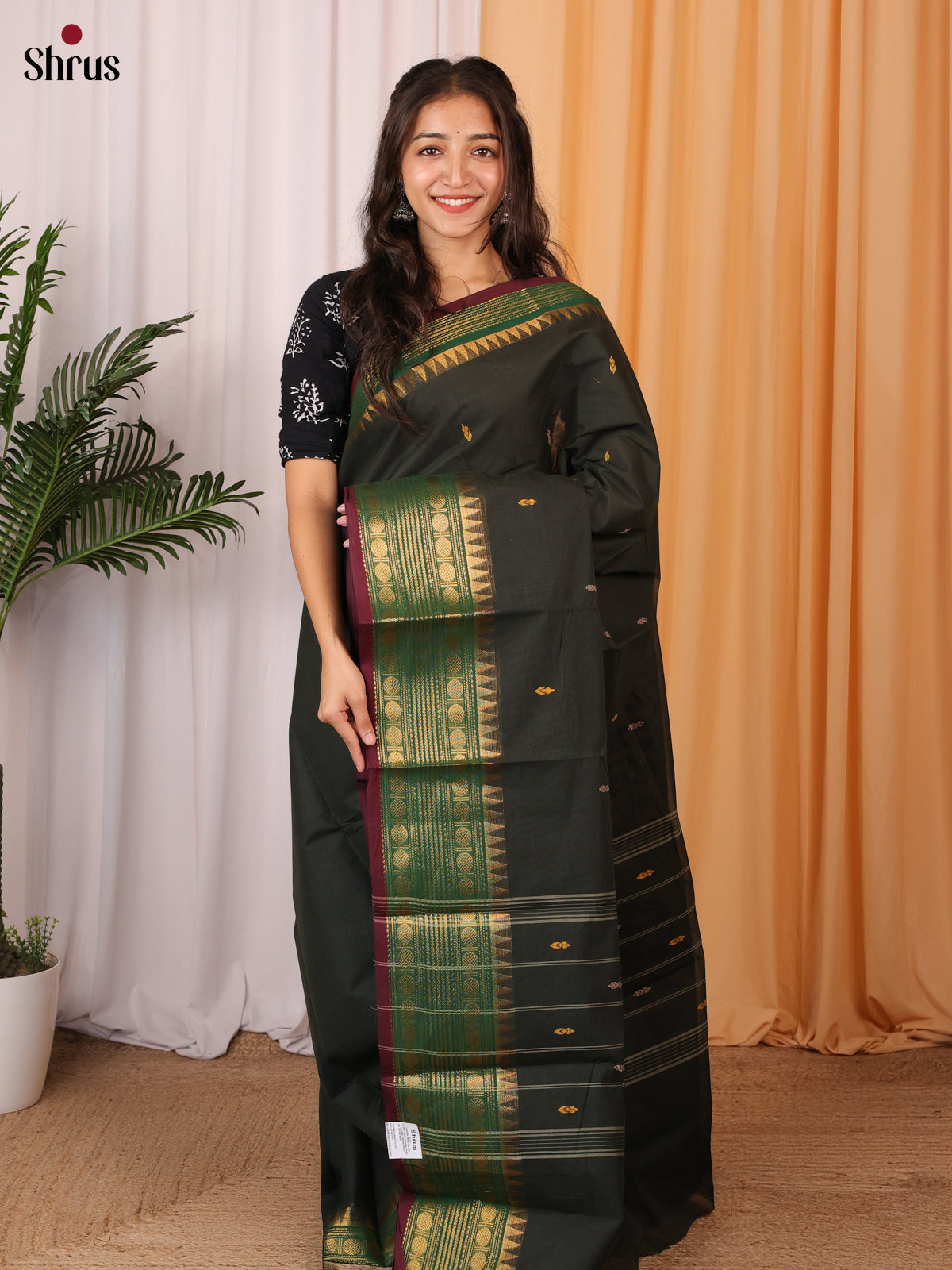 Dark Green & Green - Chettinad Cotton Saree - Shop on Shrus.com