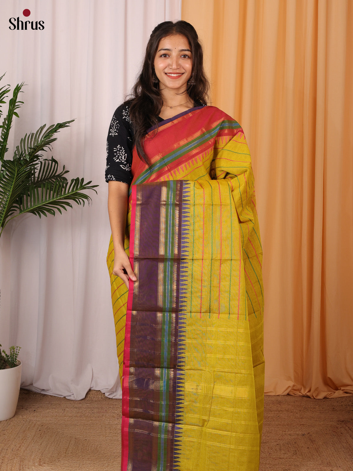 Lite Green & Red - Chettinad Cotton Saree - Shop on Shrus.com