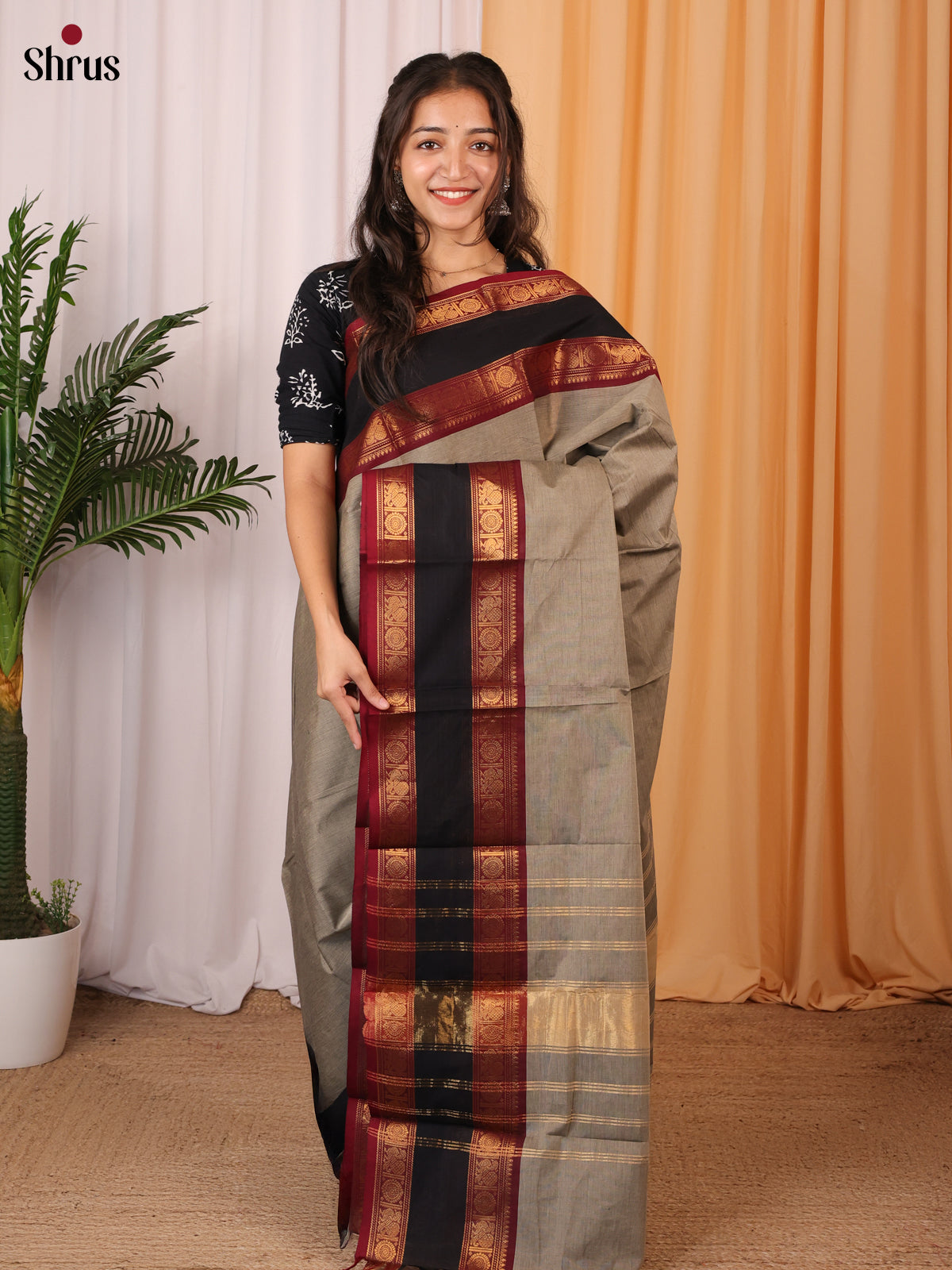 Grey with Black & Maroon - Chettinad Cotton Saree - Shop on Shrus.com