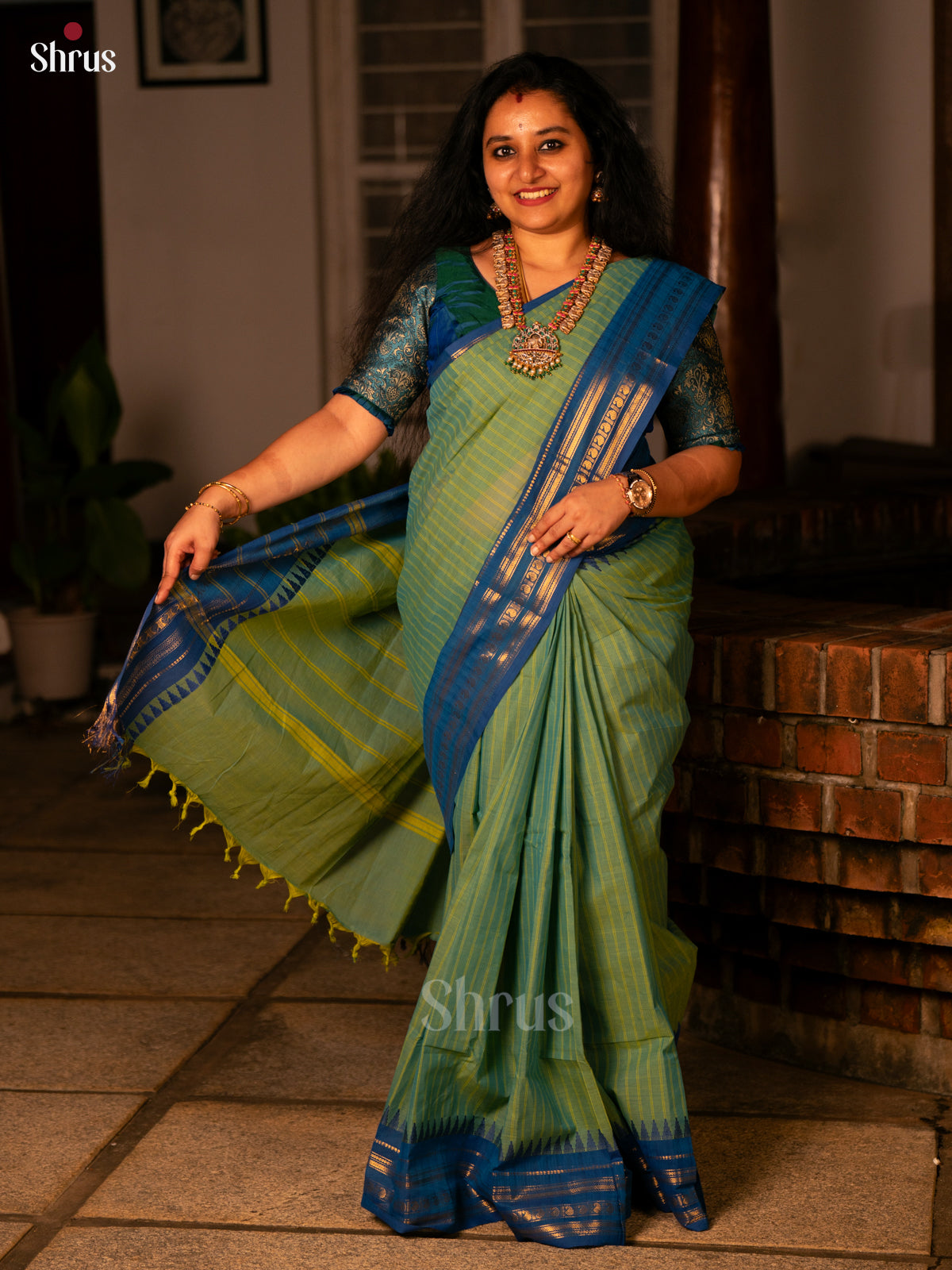 Green & Blue- Chettinad Cotton Saree - Shop on Shrus.com