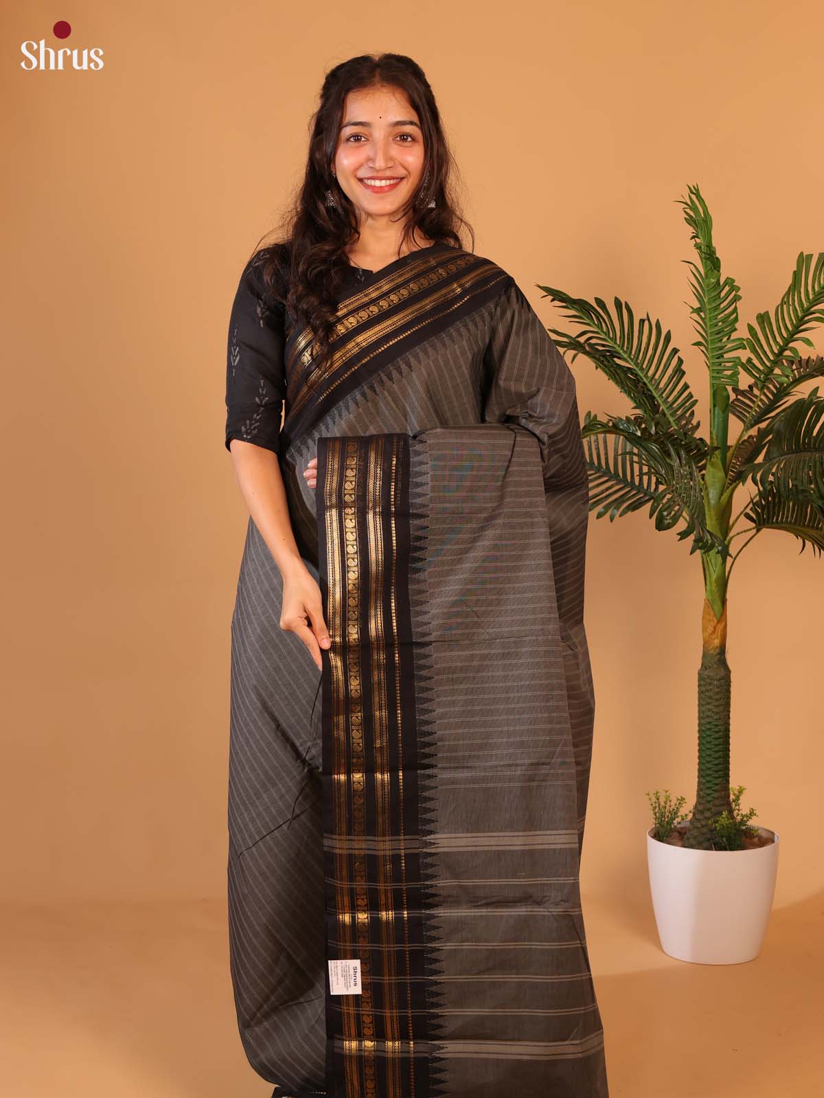 Grey & Black - Chettinad Cotton Saree - Shop on Shrus.com