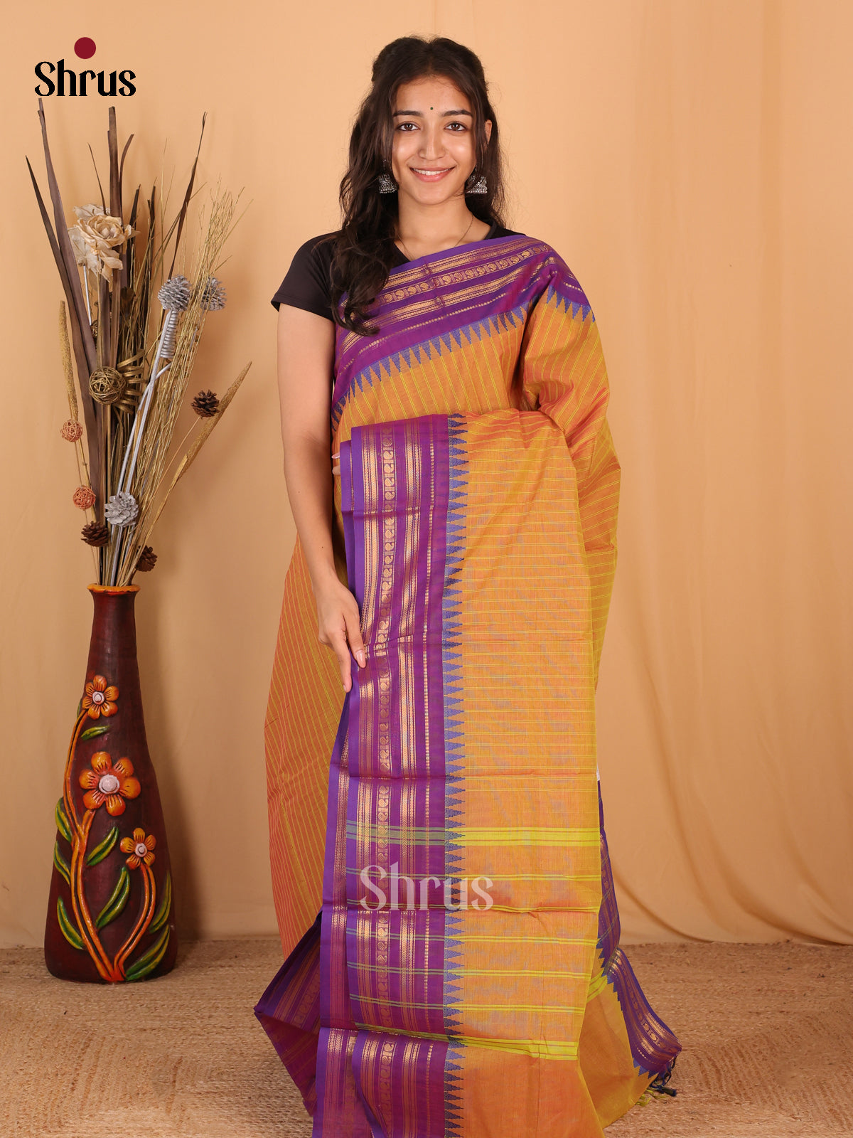 Orange & Purple - Chettinad Cotton Saree - Shop on Shrus.com