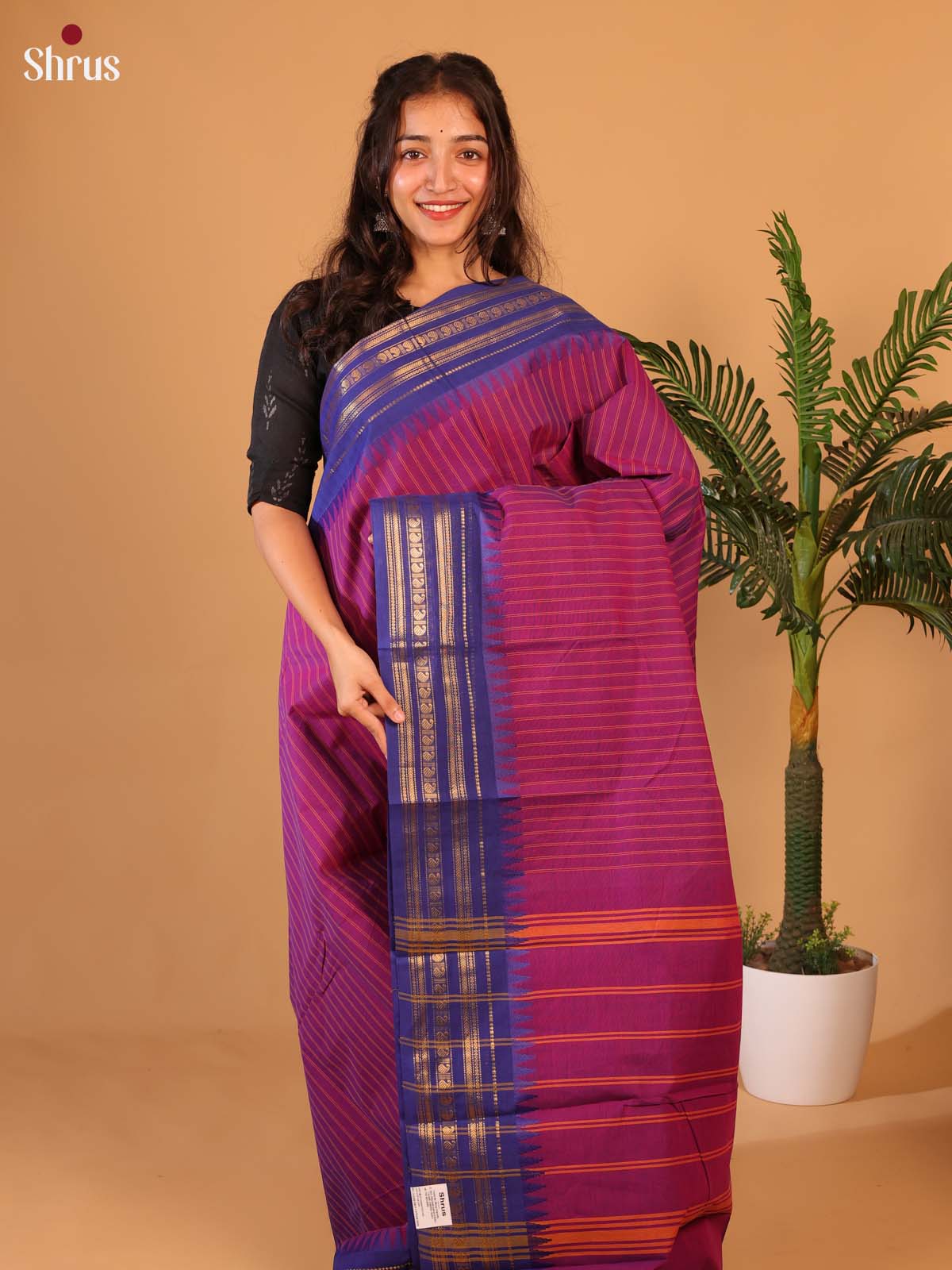 Purple & Blue - Chettinad Cotton Saree - Shop on Shrus.com
