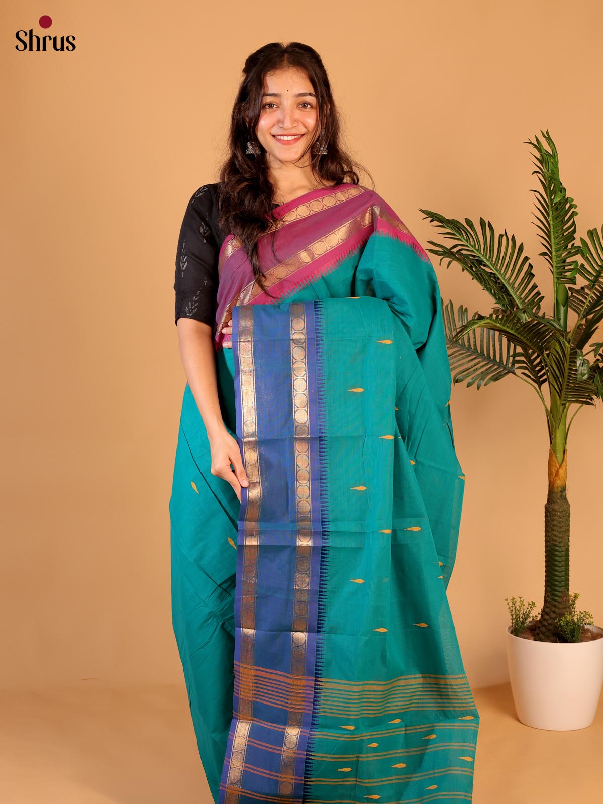 Teal & Blue- Chettinad Cotton Saree - Shop on Shrus.com