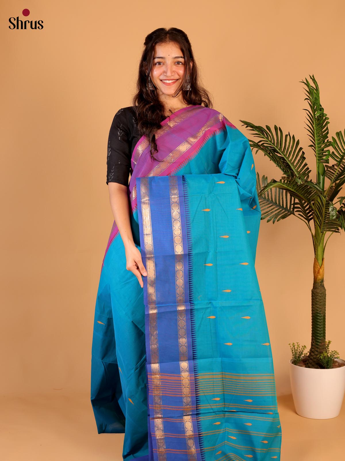 Blue - Chettinad Cotton Saree - Shop on Shrus.com