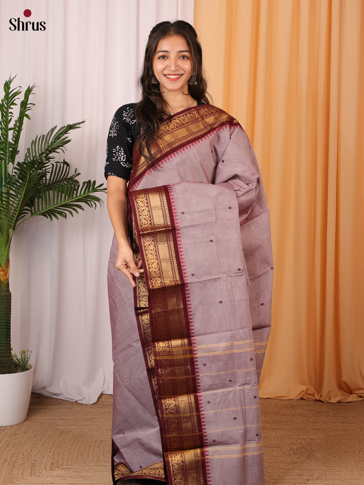 Mild lavender & Maroon - Chettinad Cotton Saree - Shop on Shrus.com