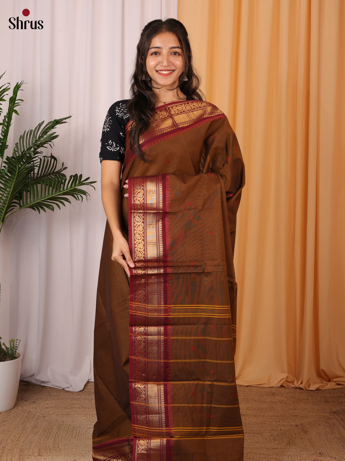 Brown & Maroon - Chettinad Cotton Saree - Shop on Shrus.com