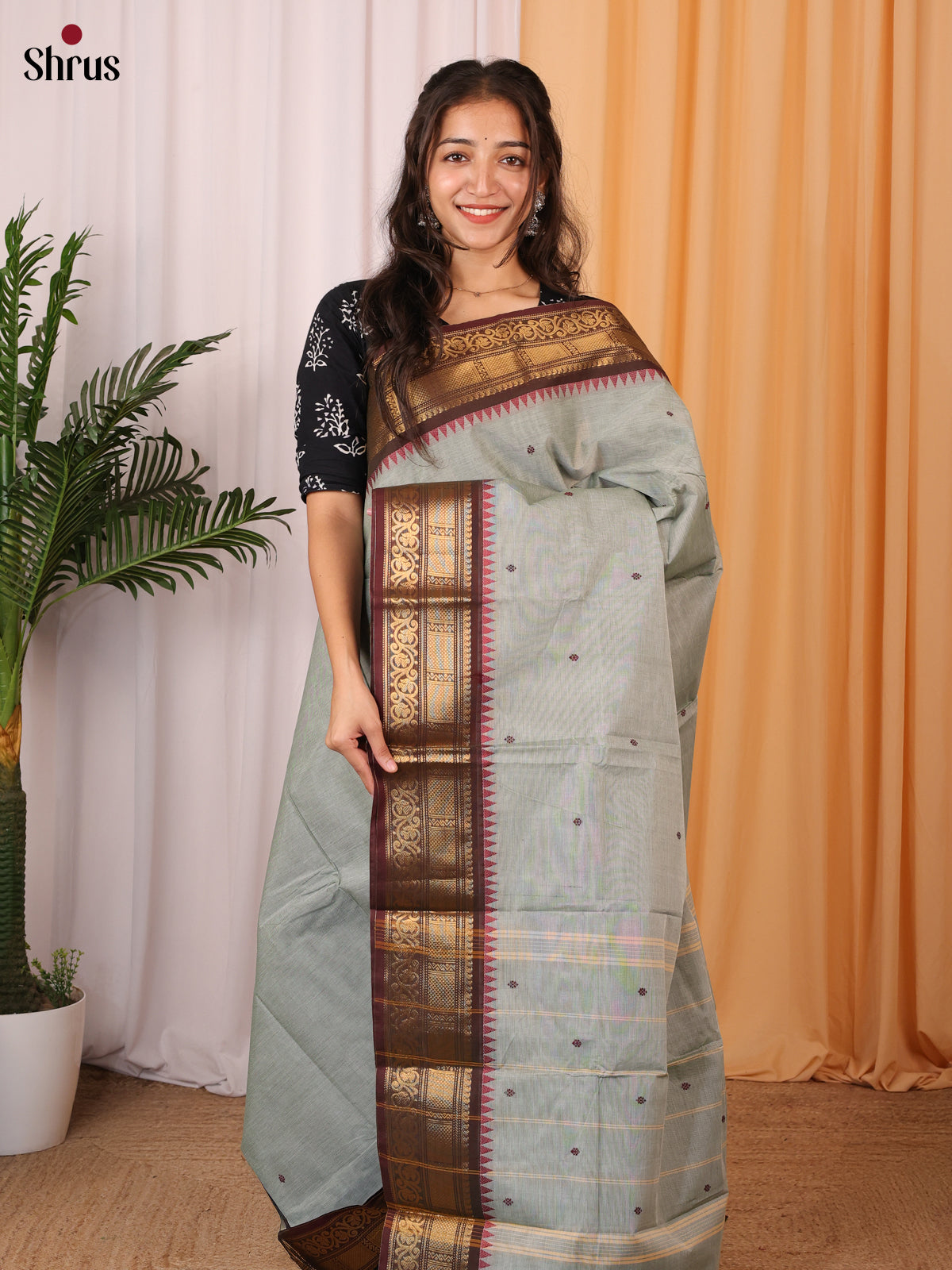 Grey & Brown - Chettinad Cotton Saree - Shop on Shrus.com