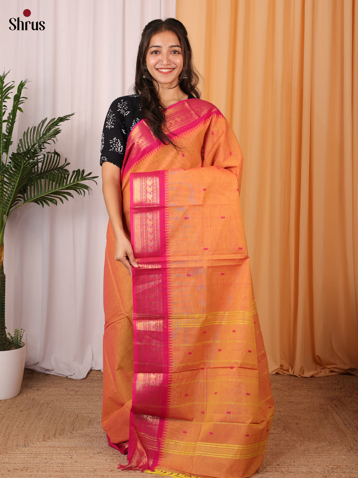 Orange & Pink - Chettinad Cotton Saree - Shop on Shrus.com