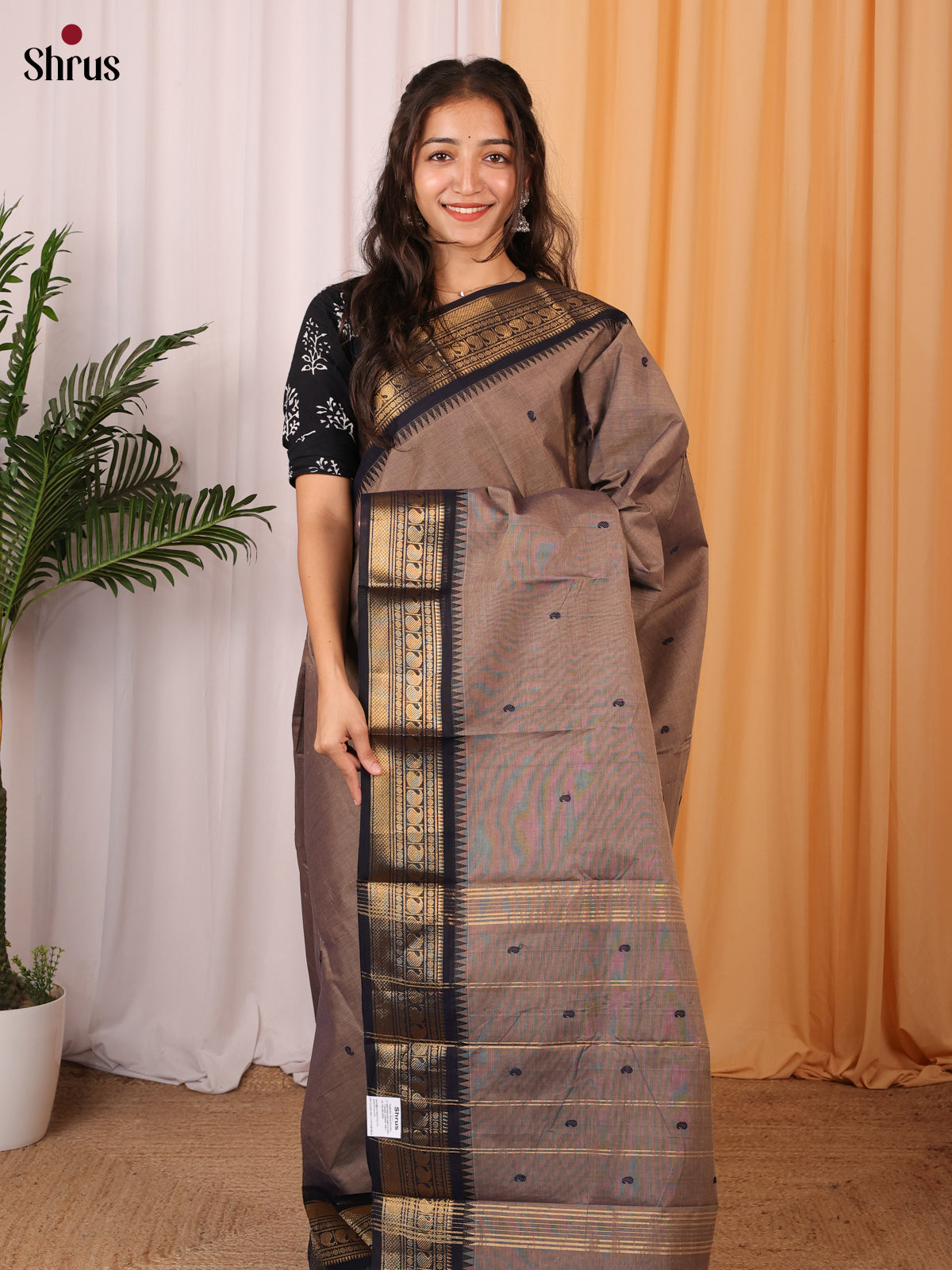 Grey& Black - Chettinad Cotton Saree - Shop on Shrus.com