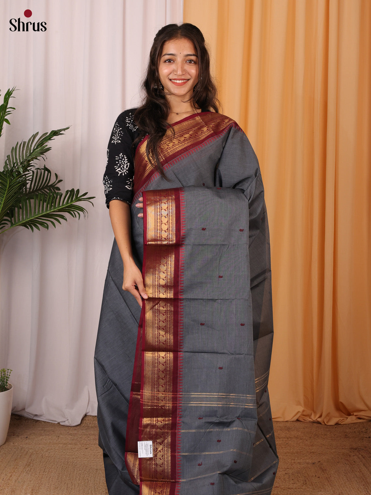 Grey & Maroon - Chettinad Cotton Saree - Shop on Shrus.com