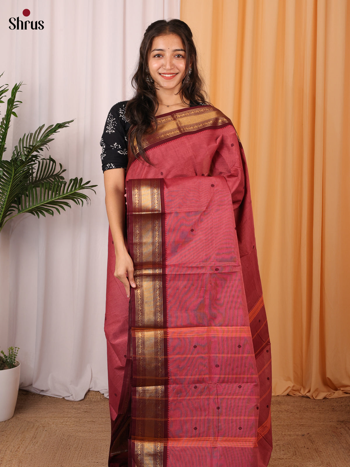Pink & Brown - Chettinad Cotton Saree - Shop on Shrus.com