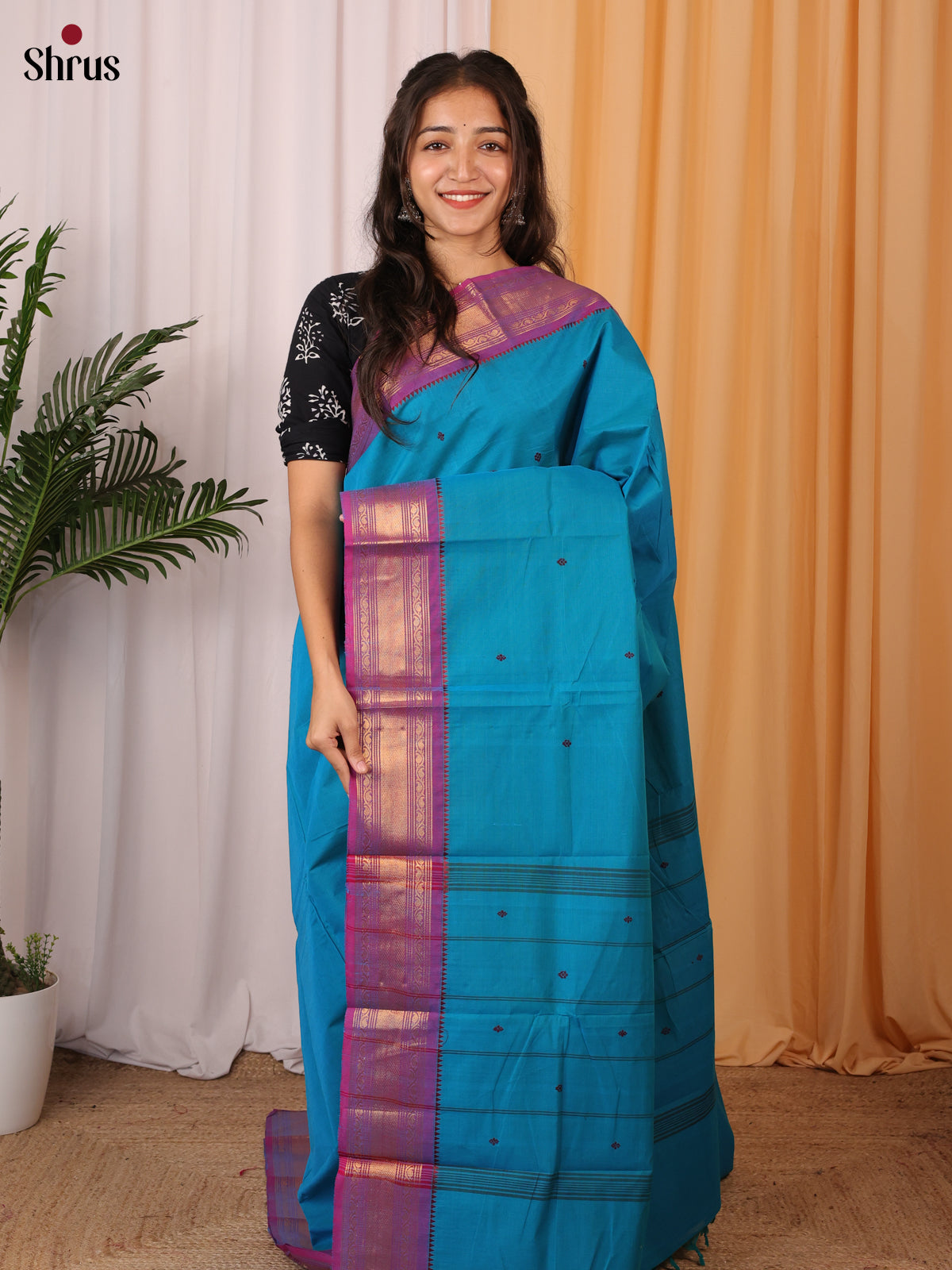 Blue & Purple - Chettinad Cotton Saree - Shop on Shrus.com