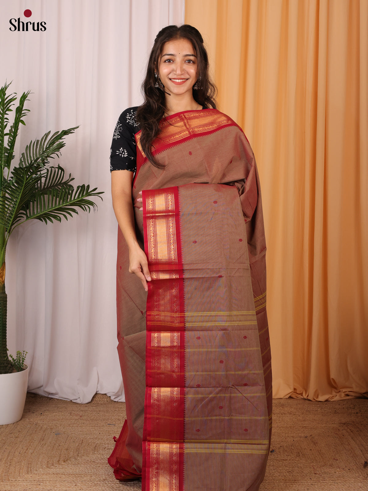 Brown & Red - Chettinad Cotton Saree - Shop on Shrus.com