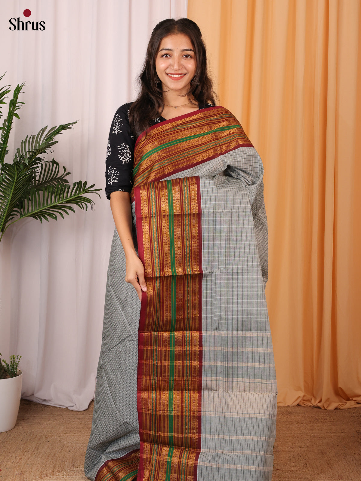 Grey & Maroon - Chettinad Cotton Saree - Shop on Shrus.com