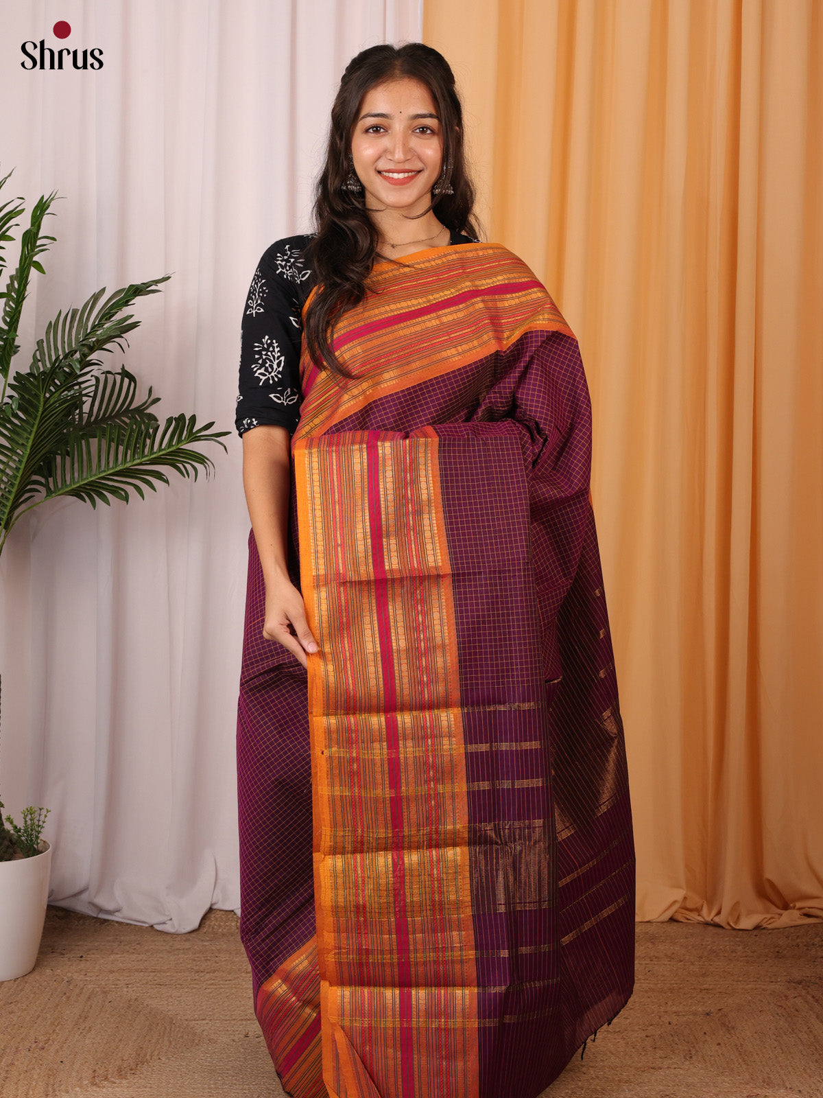 Purple & Mustard - Chettinad Cotton Saree - Shop on Shrus.com