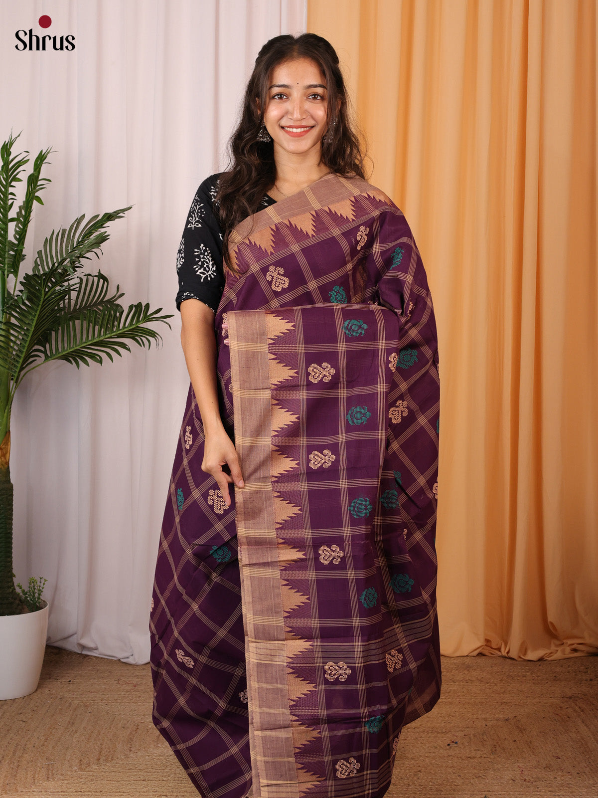 Purple & Peach - Chettinad Mix Cotton Saree - Shop on Shrus.com