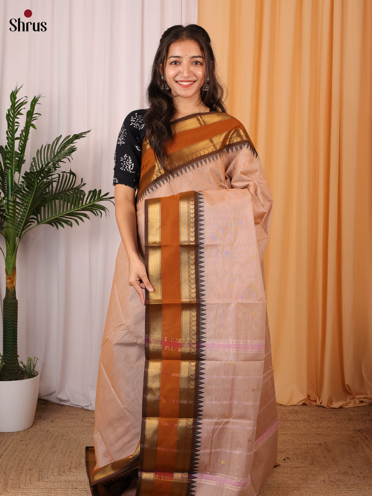 Lite Brown & Brown- Chettinad Cotton Saree - Shop on Shrus.com