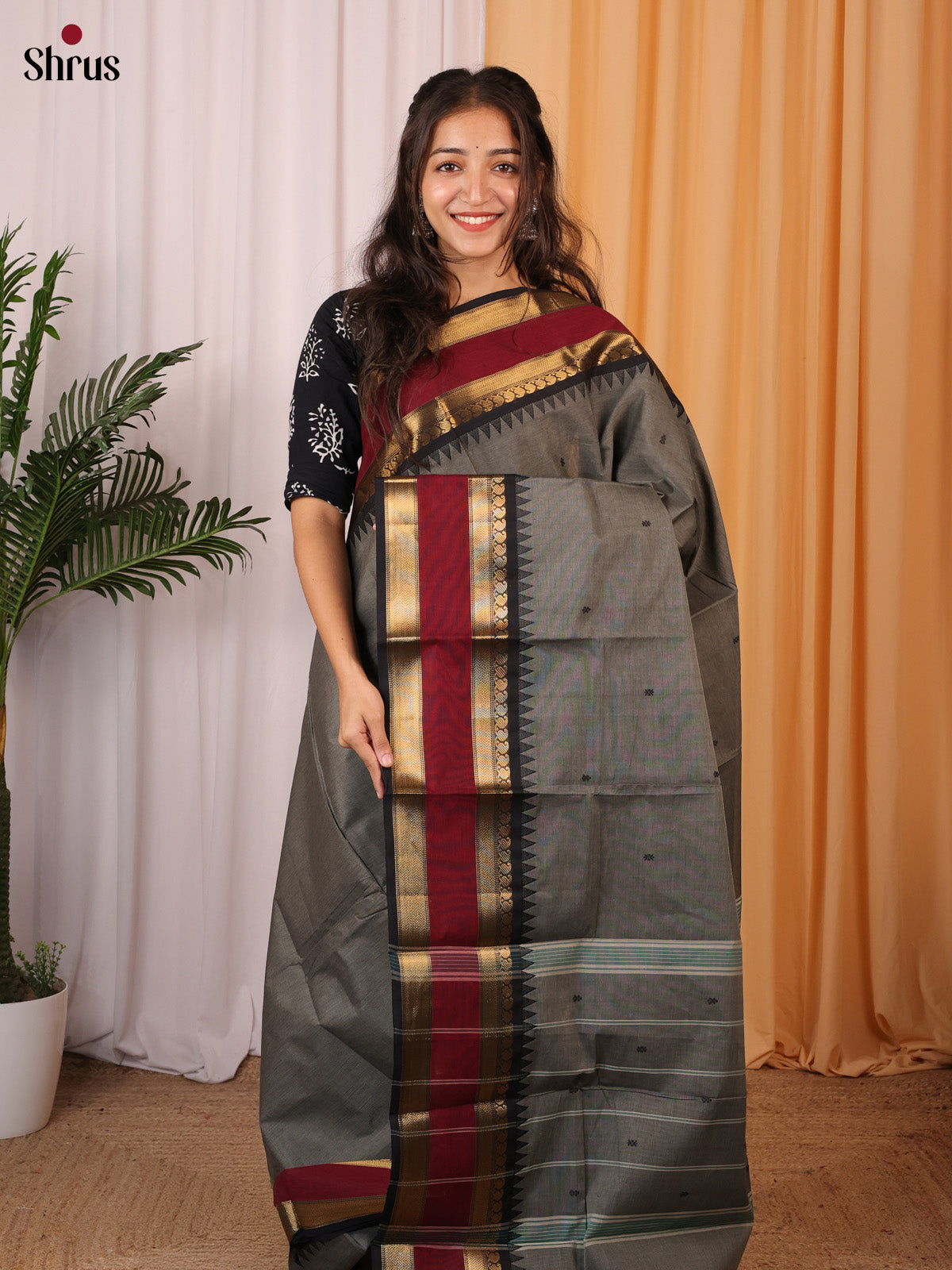 Grey & Black- Chettinad Cotton Saree - Shop on Shrus.com