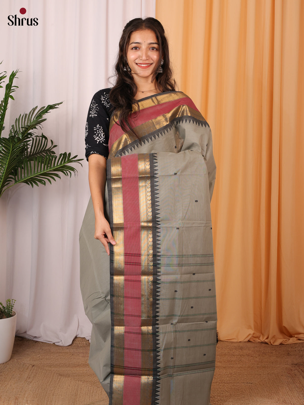 Grey & Black - Chettinad Cotton Saree - Shop on Shrus.com