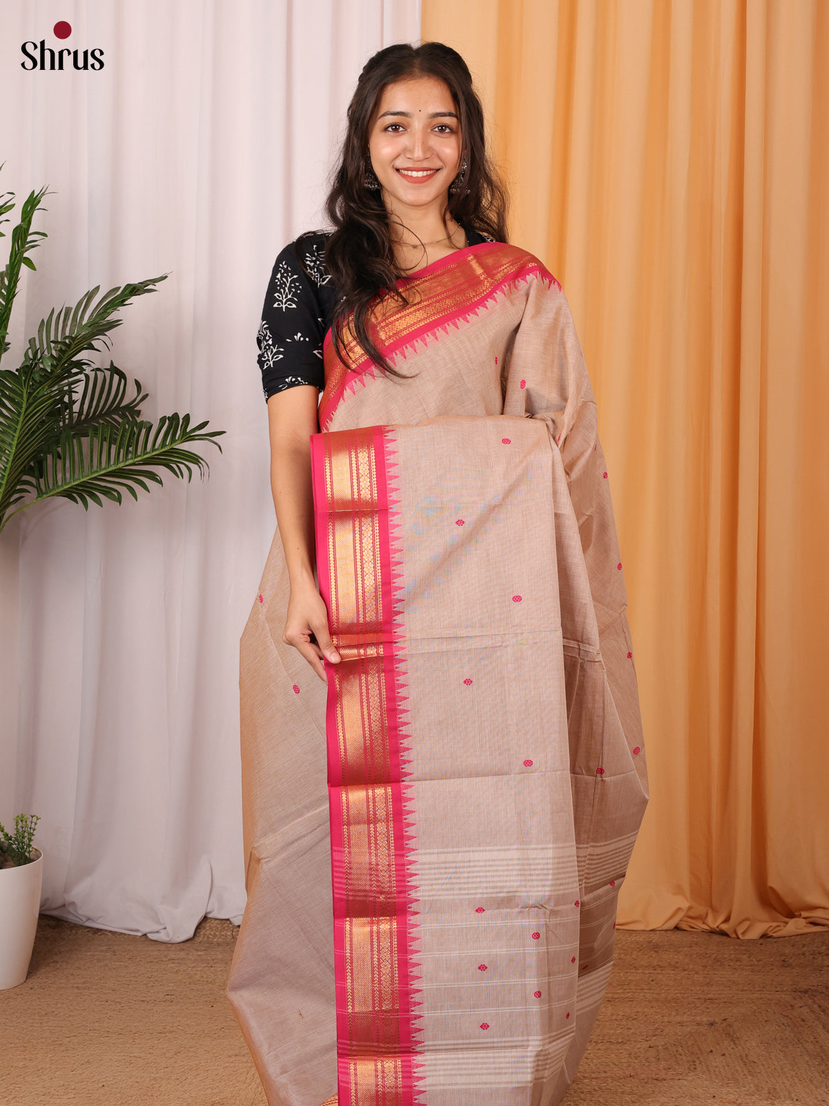 Grey & Pink- Chettinad Cotton Saree - Shop on Shrus.com