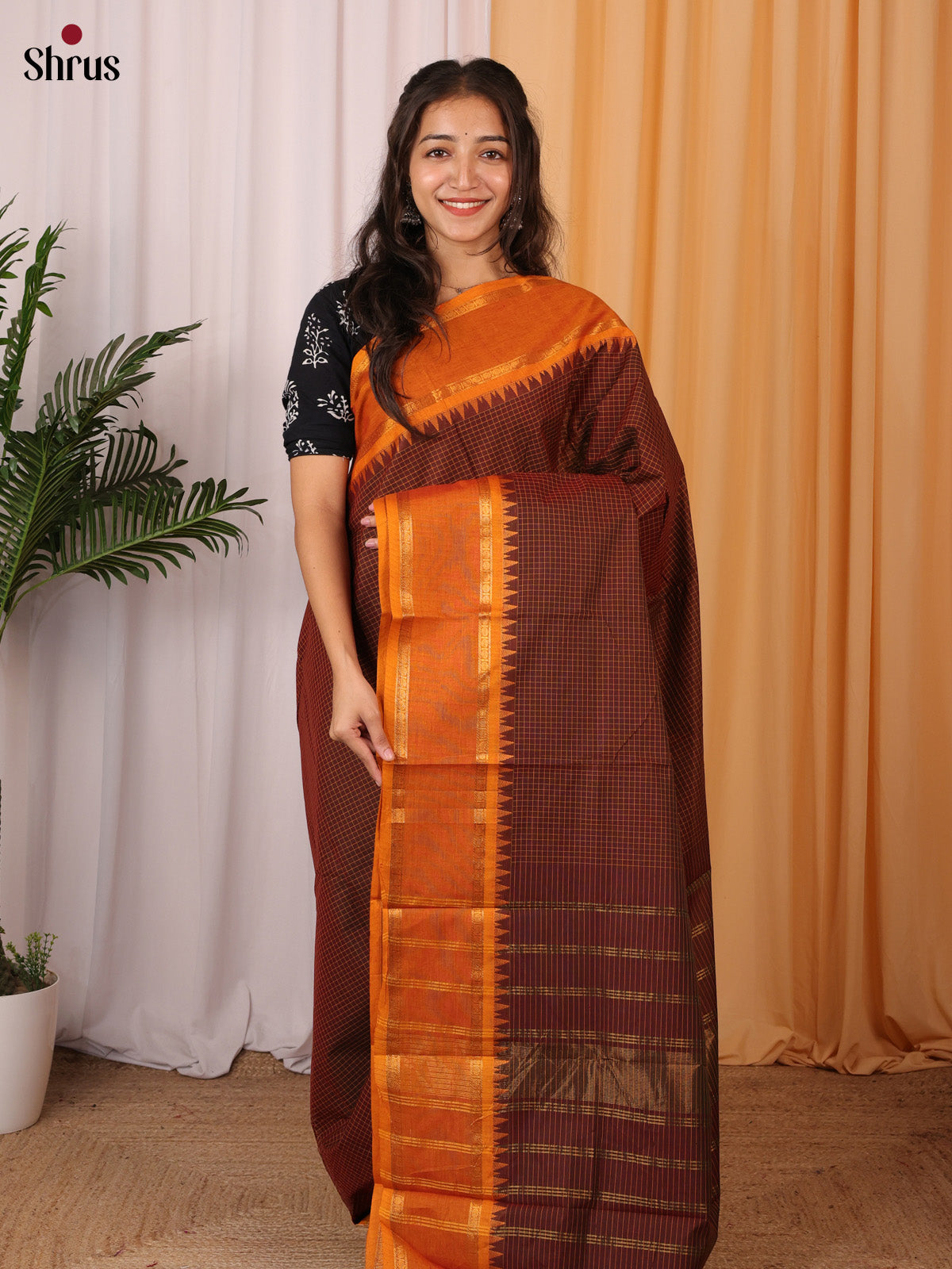 Brown & Orange - Chettinad Cotton Saree - Shop on Shrus.com