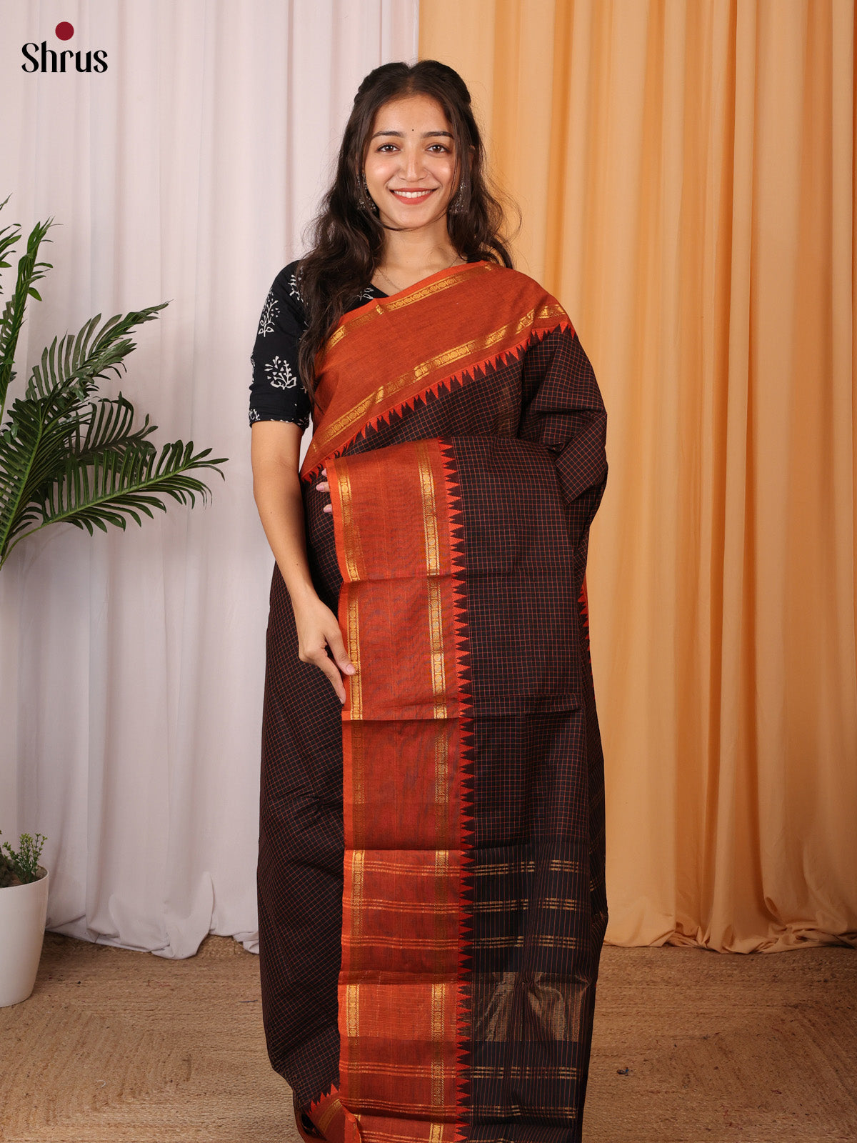 Black Chettinad Cotton Saree with Brown Zari Border & Striped Pallu - Shop on Shrus.com