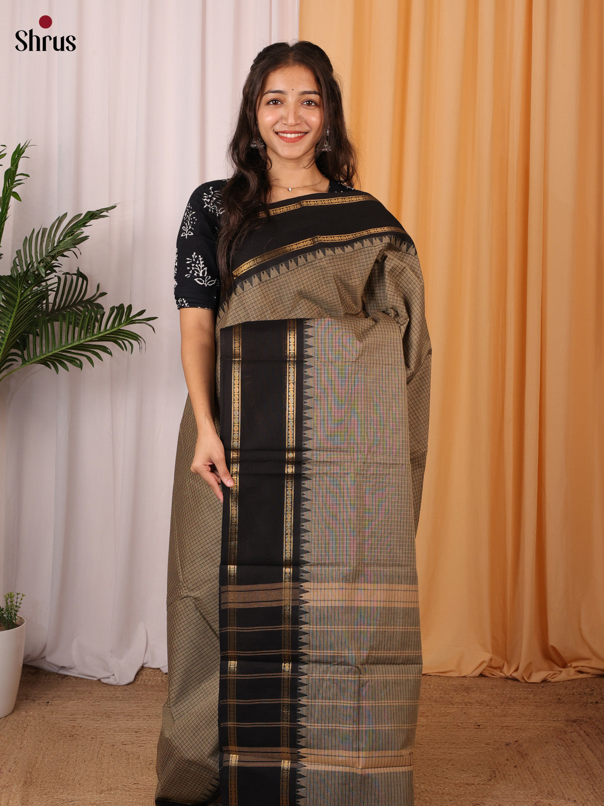 Grey & Black - Chettinad Cotton Saree - Shop on Shrus.com