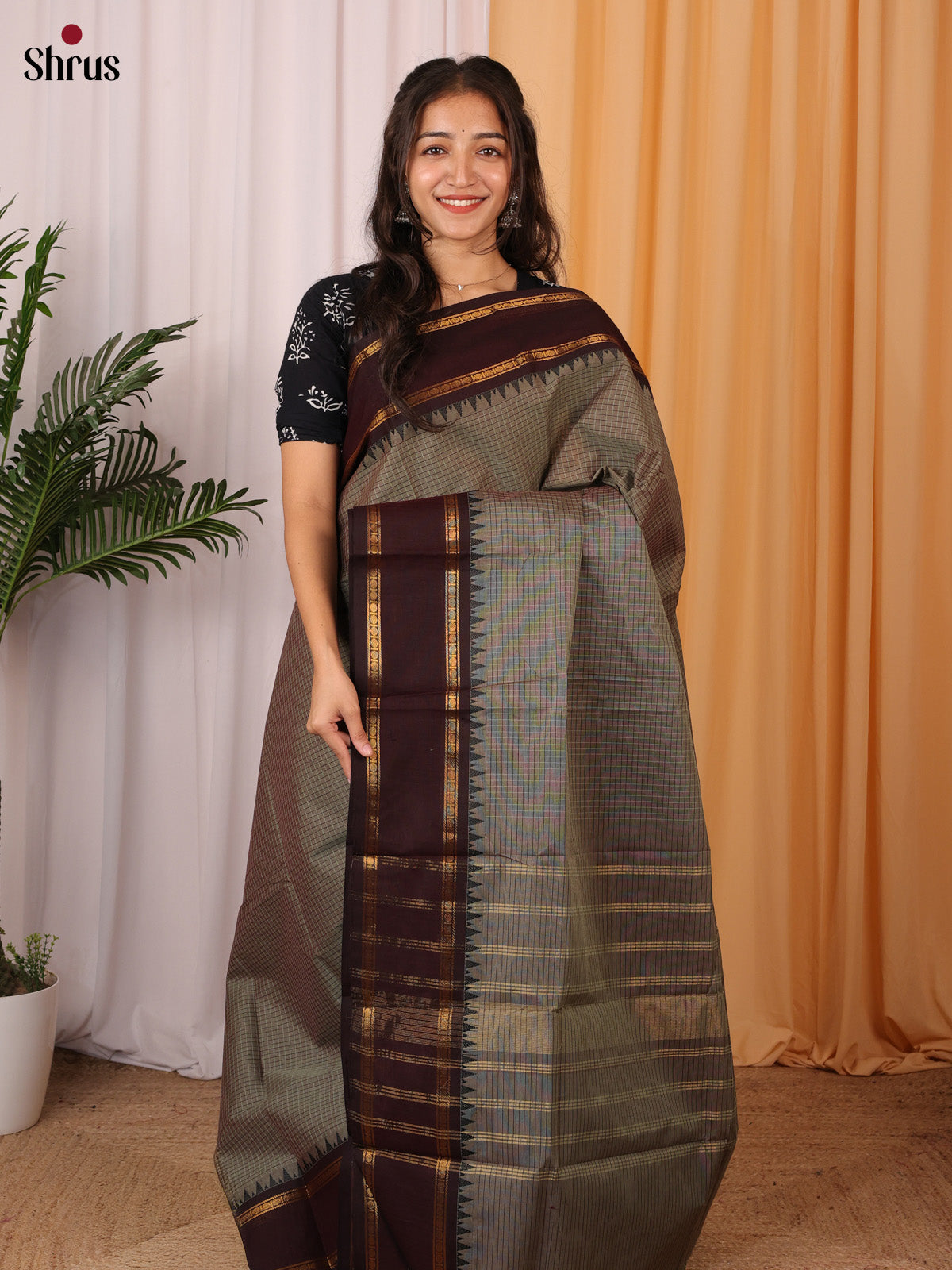 Grey & Brown - Chettinad Cotton Saree - Shop on Shrus.com