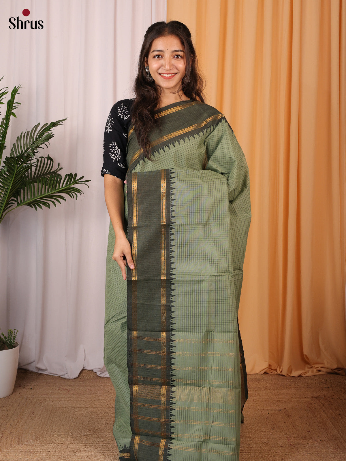 Grey Green & Green - Chettinad Cotton Saree - Shop on Shrus.com
