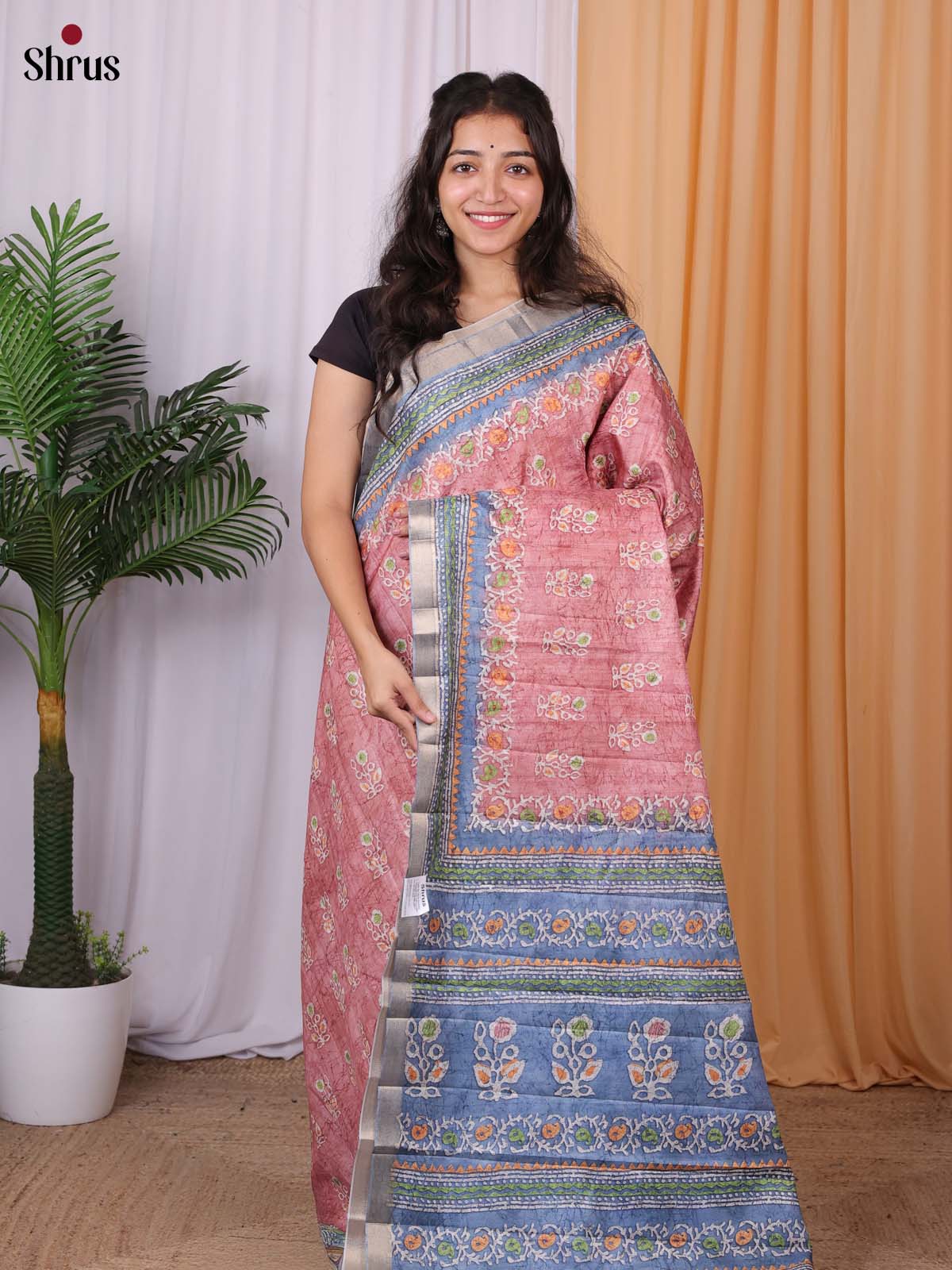 Pink & Blue - Batik printed Semi Tussar Saree - Shop on Shrus.com