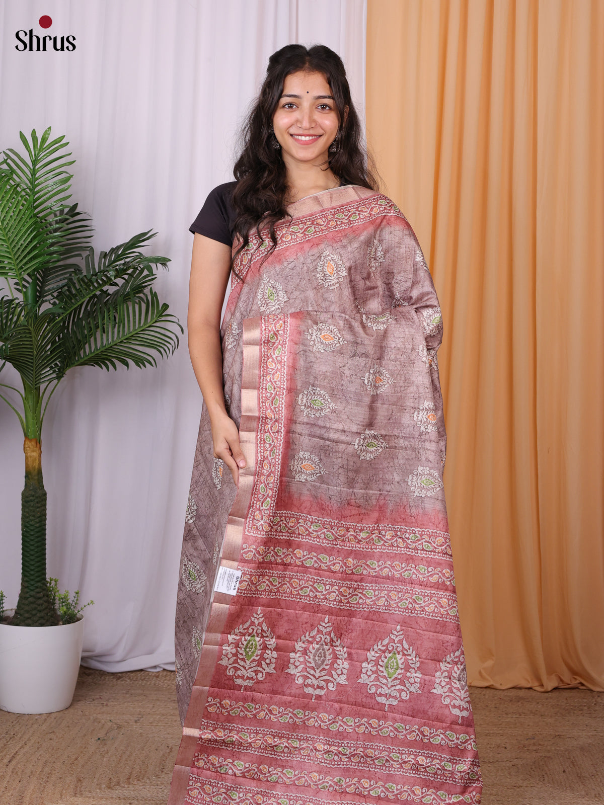 Mauve &Onion Peel - Batik printed Semi Tussar Saree - Shop on Shrus.com