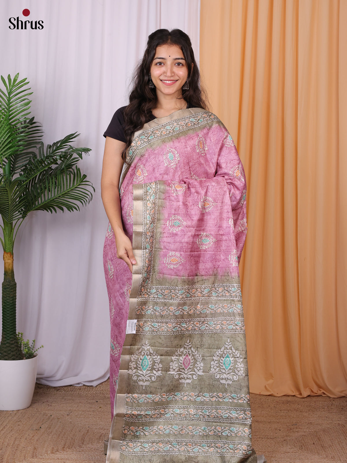Pink & Grey- Batik printed Semi Tussar Saree - Shop on Shrus.com