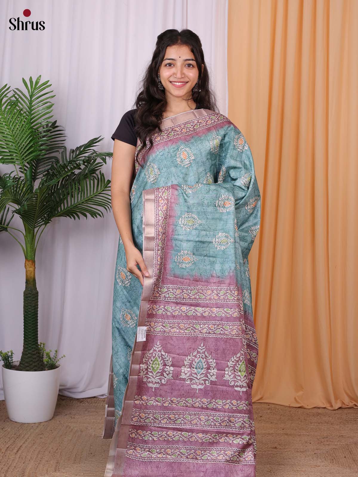 Blue & Purple - Batik printed Semi Tussar Saree - Shop on Shrus.com