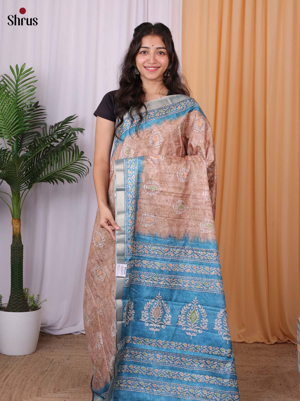 Brown & Blue - Batik printed Semi Tussar Saree - Shop on Shrus.com