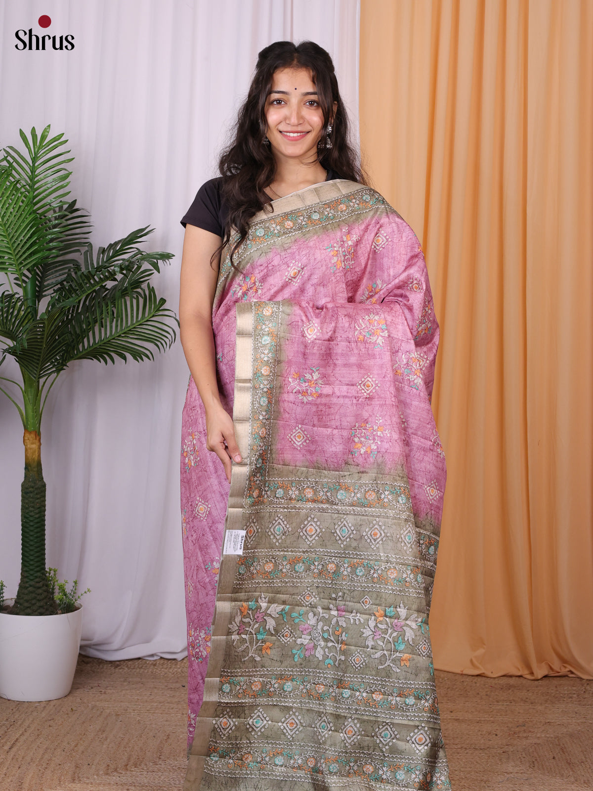 Pink & Grey- Semi Tussar Saree - Shop on Shrus.com