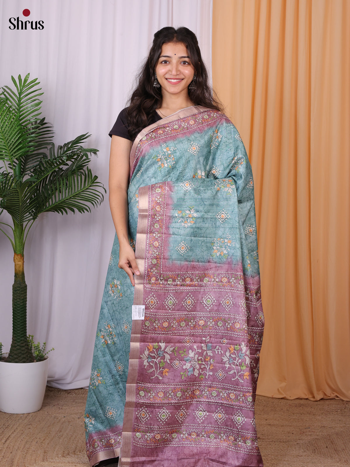 Blue & Purple - Semi Tussar Saree - Shop on Shrus.com