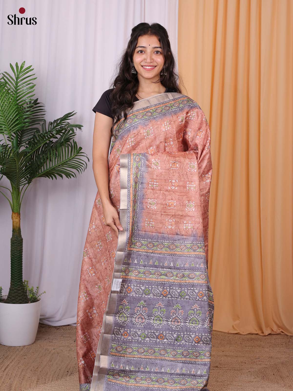 Peach & Blue - Semi Tussar Saree - Shop on Shrus.com