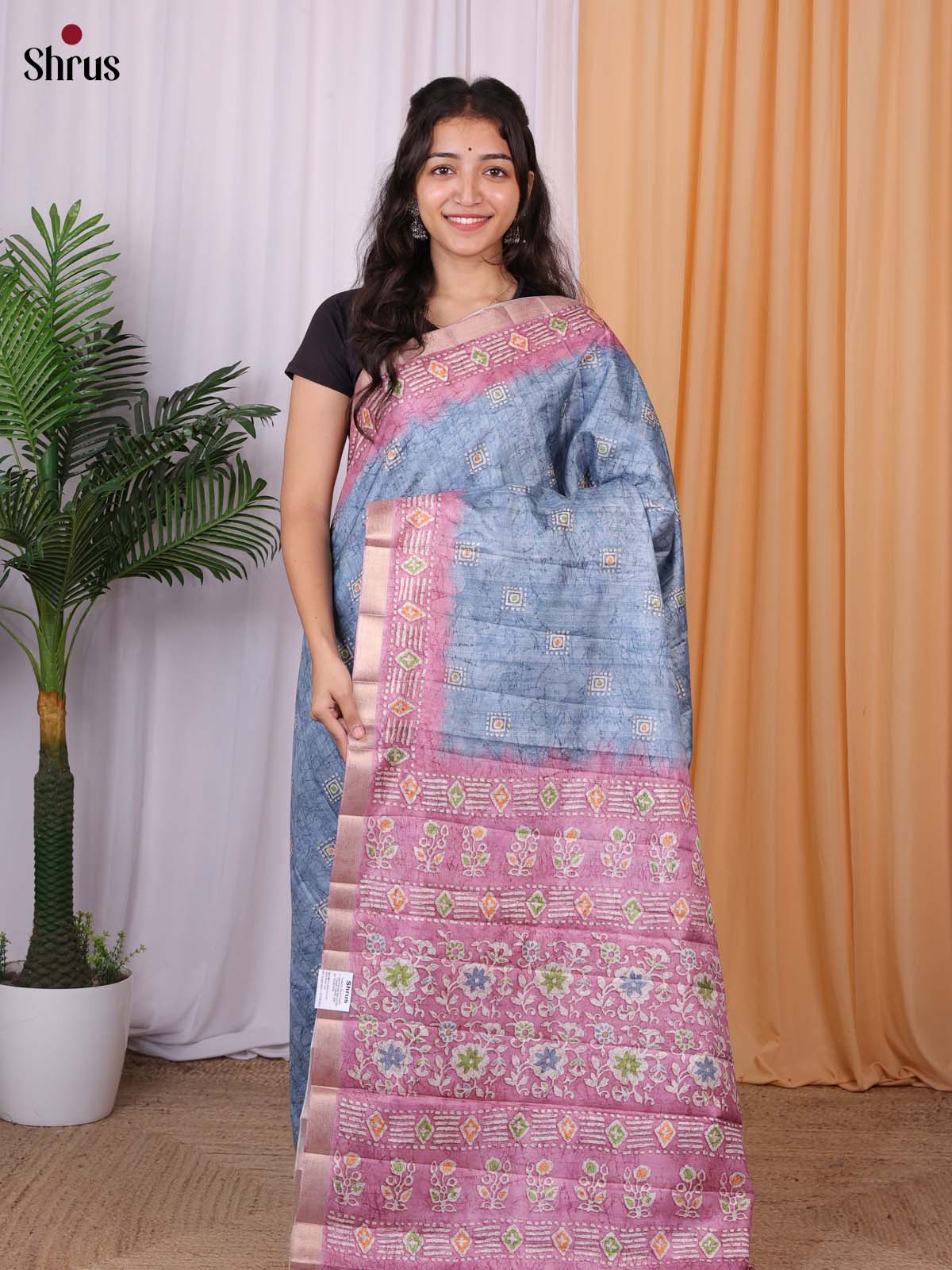 Blue & Pink - Semi Tussar Saree - Shop on Shrus.com