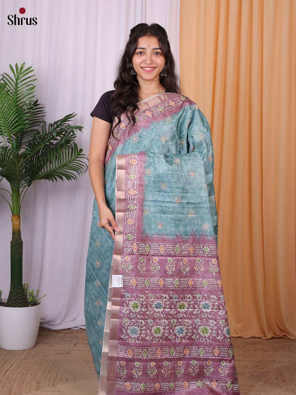 Blue & Purple- Semi Tussar Saree - Shop on Shrus.com