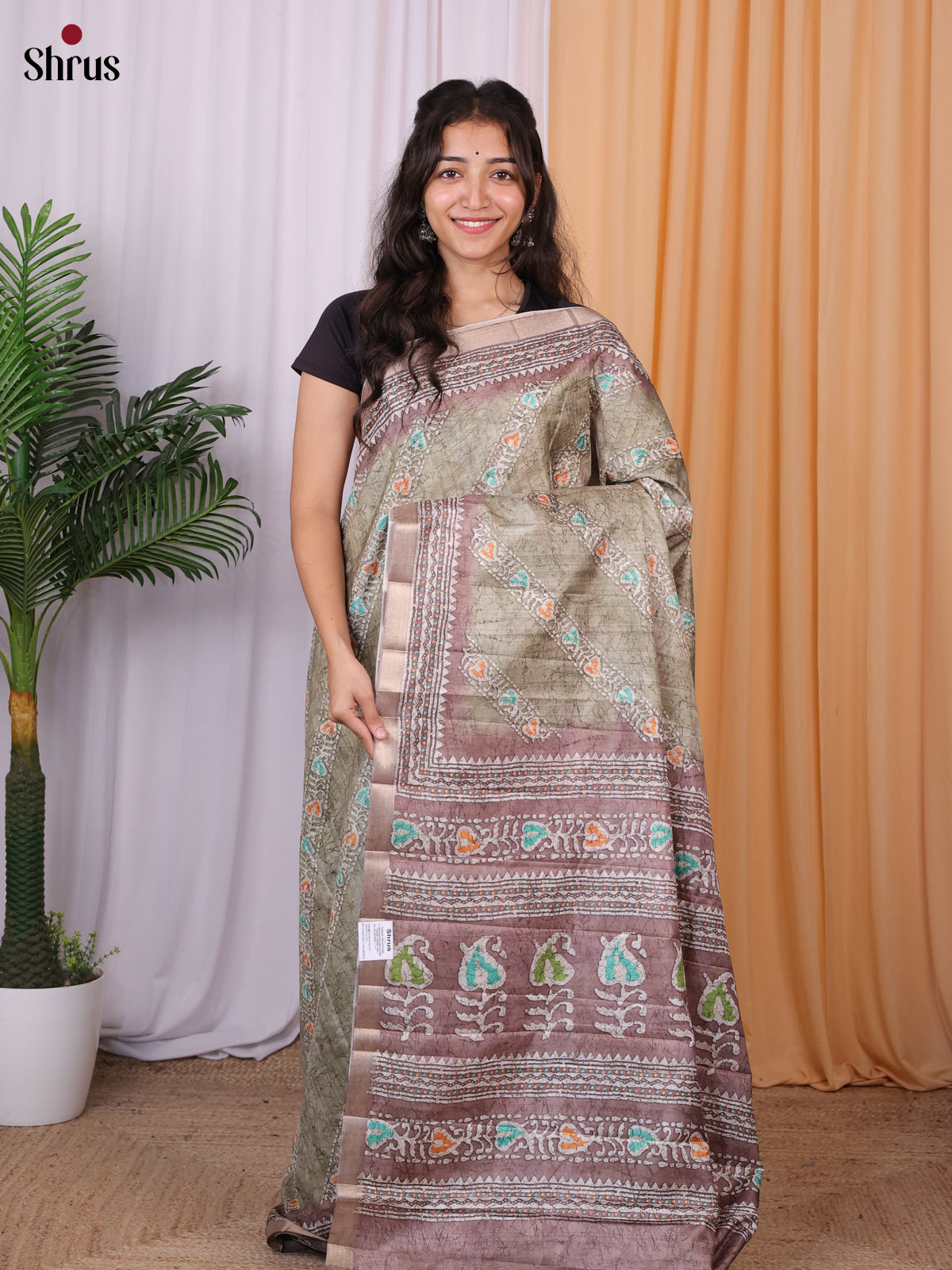 Grey Green & Mauve- Semi Tussar Saree - Shop on Shrus.com