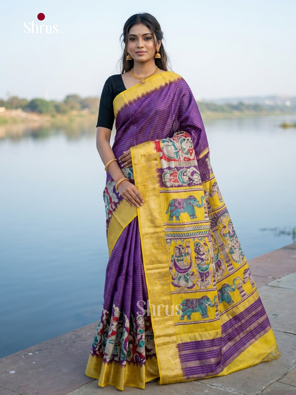 Violet & Yellow - Semi Tussar Saree