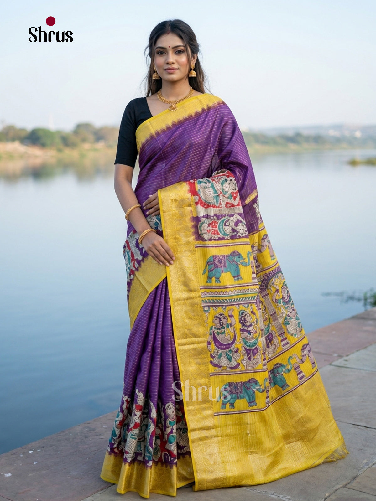 Violet & Yellow - Semi Tussar Saree
