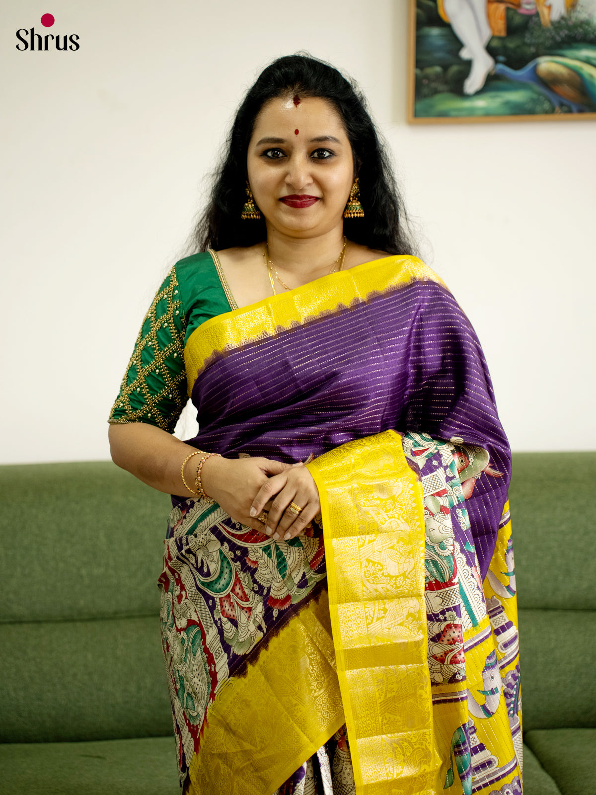 Violet & Yellow - Semi Tussar Saree - Shop on Shrus.com